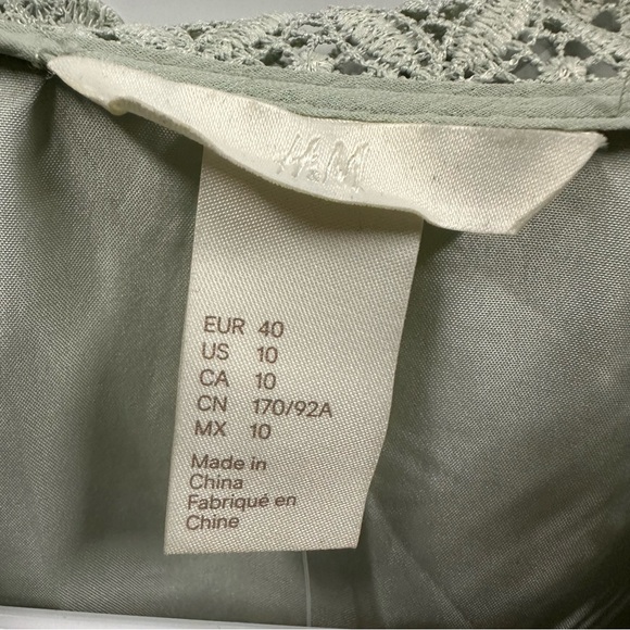 H&M Green Chiffon Crochet Lace Boho Prairie Midi Length Lined Dress Womens 10 - Picture 11 of 13